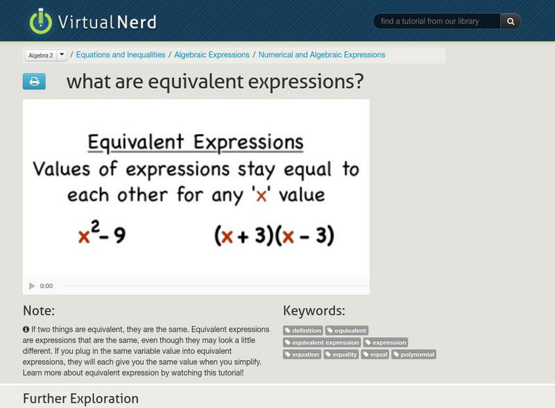 Virtual Nerd: How Do You Know if Two Expressions Are Equivalent? Instructional Video Virtual Nerd: How Do You Know if Two Expressions Are Equivalent? Instructional Video