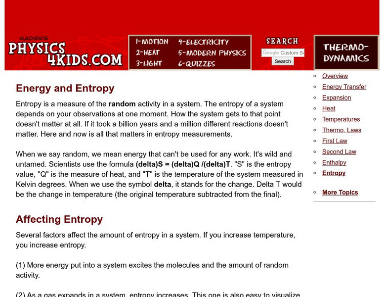 Physics4 Kids: Thermodynamics and Heat: Entropy Handout Physics4 Kids: Thermodynamics and Heat: Entropy Handout