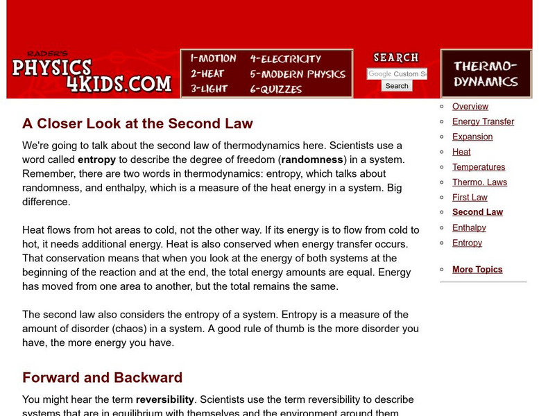 Physics4 Kids: Thermodynamics and Heat: Second Law of Thermodynamics Handout Physics4 Kids: Thermodynamics and Heat: Second Law of Thermodynamics Handout