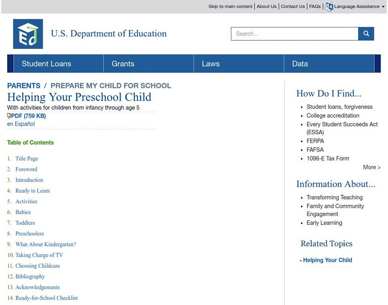 U. S. Department of Education: Helping Your Preschool Child [Pdf] Website