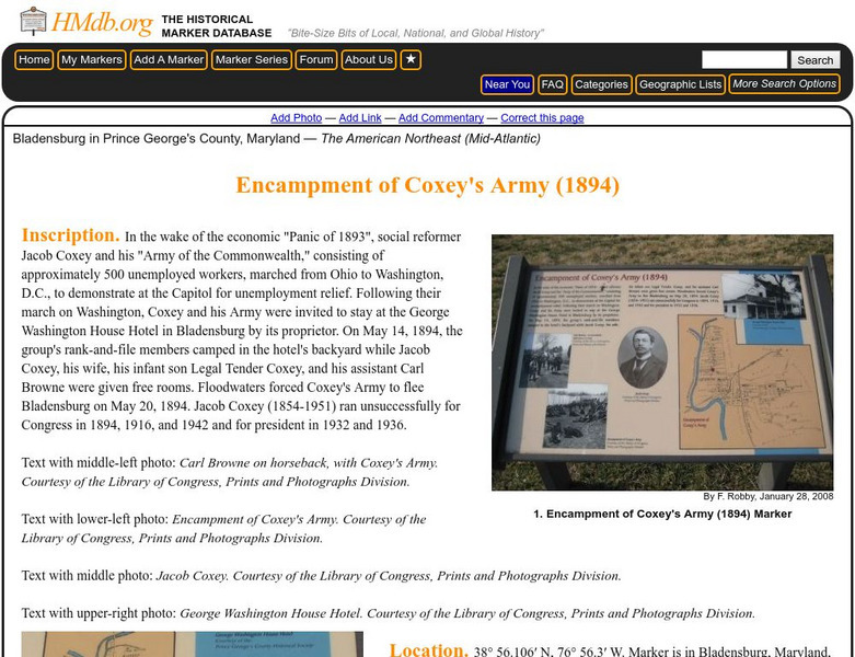 Historical Marker Database: Encampment of Coxey's Army (1894) Marker Graphic Historical Marker Database: Encampment of Coxey's Army (1894) Marker Graphic