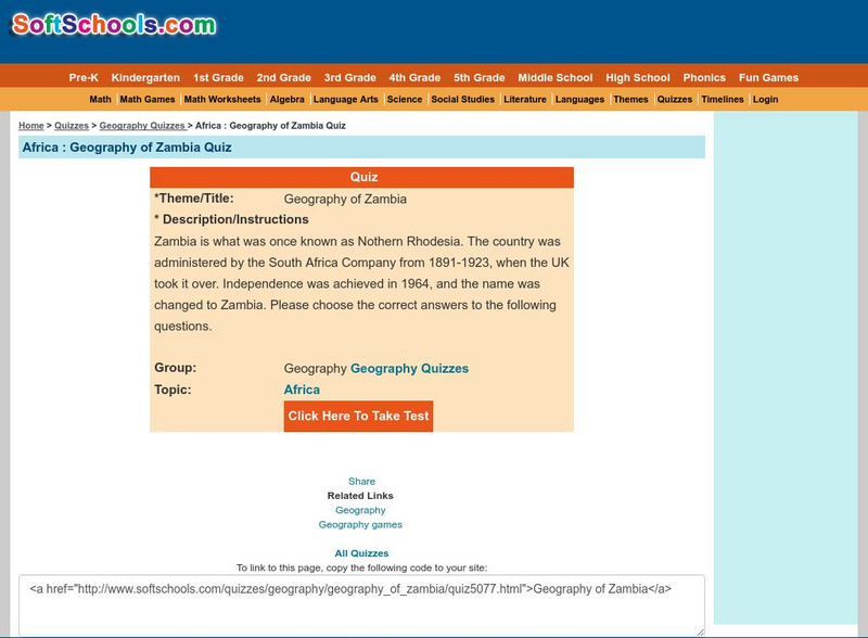 Soft Schools: Geography of Zambia Quiz Unknown Type