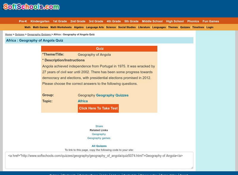 Soft Schools: Geography of Angola Quiz Unknown Type