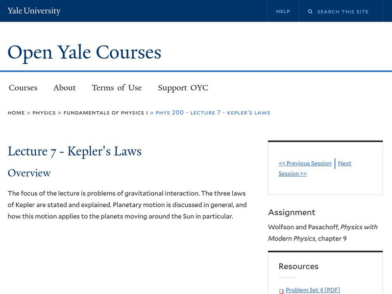 Open Yale Courses: Physics 200: Fundamentals of Physics: Kepler's Laws Online Course Open Yale Courses: Physics 200: Fundamentals of Physics: Kepler's Laws Online Course