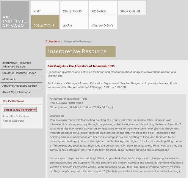 Art Institute of Chicago: Paul Gauguin, the Ancestors of Tehamana Unit Plan