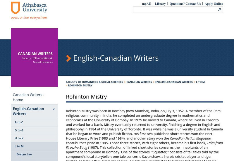 Athabasca University: Centre for Language and Literature: Rohinton Mistry Website Athabasca University: Centre for Language and Literature: Rohinton Mistry Website