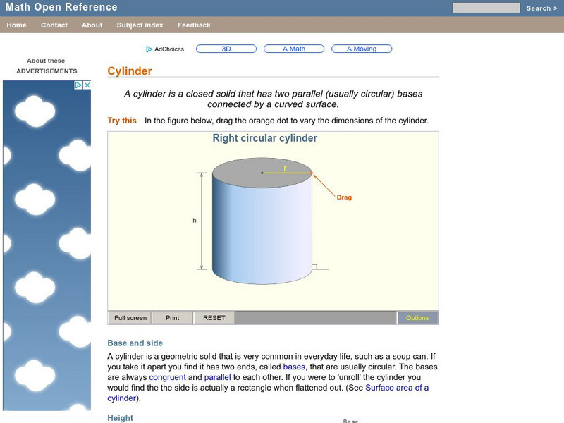 Math Open Reference: Cylinder Handout Math Open Reference: Cylinder Handout