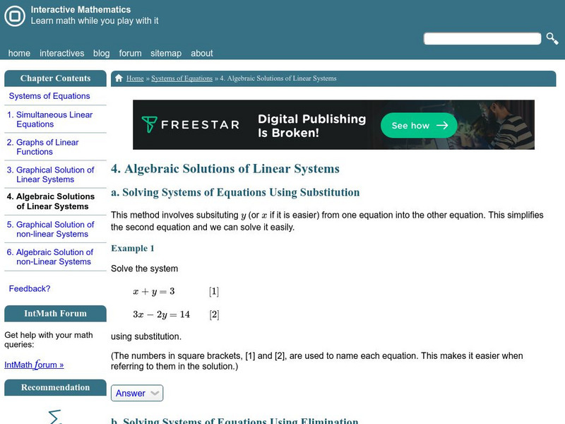 Interactive Mathematics: Solving Systems Algebraically Activity