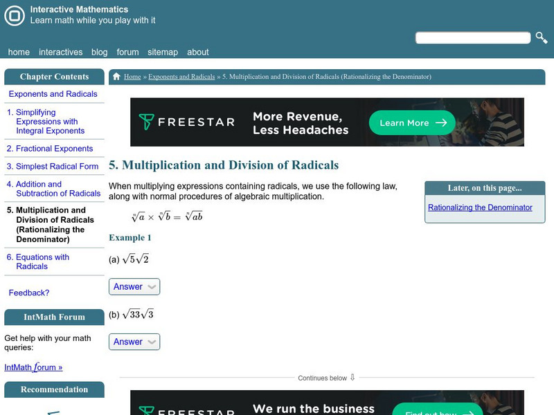 Interactive Mathematics: Multiplying and Dividing Radicals Activity Interactive Mathematics: Multiplying and Dividing Radicals Activity