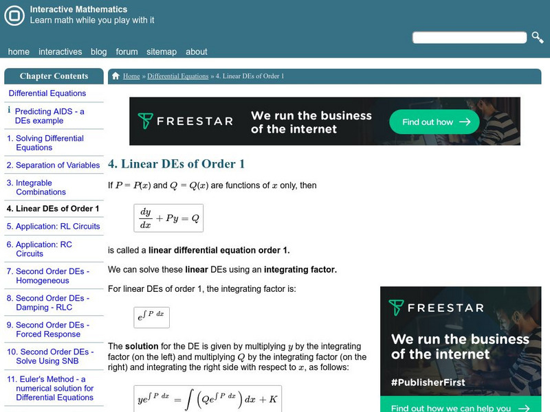 Interactive Mathematics: Linear D Es of Order 1 Activity Interactive Mathematics: Linear D Es of Order 1 Activity