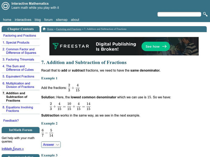 Interactive Mathematics: Addition & Subtraction of Fractions Activity
