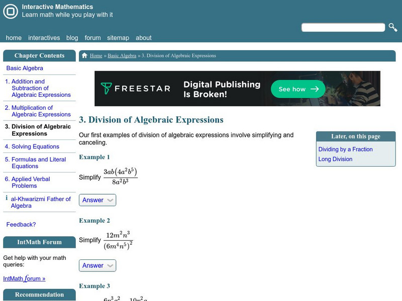 Interactive Mathematics: Division of Algebraic Expressions Activity Interactive Mathematics: Division of Algebraic Expressions Activity