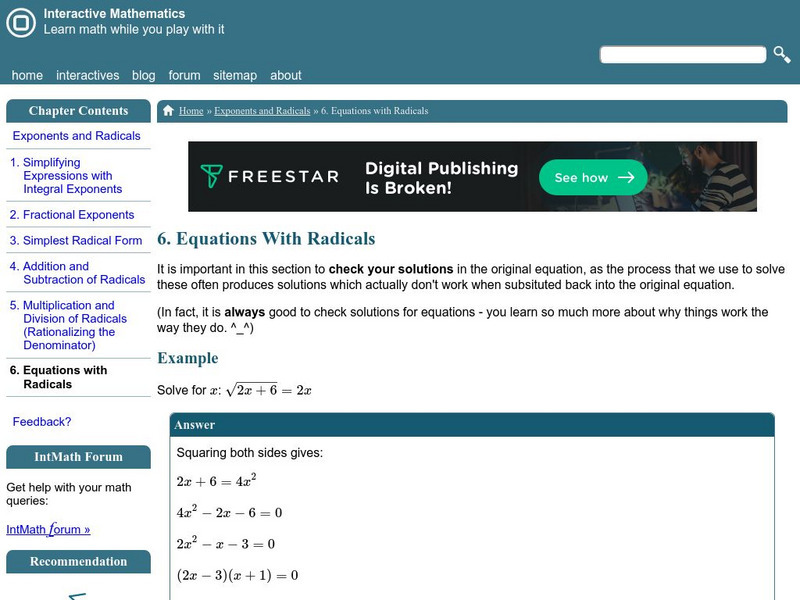 Interactive Mathematics: Equations With Radicals Activity Interactive Mathematics: Equations With Radicals Activity