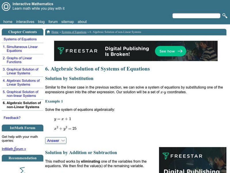 Interactive Mathematics: Algebraic Solutions of Systems Activity Interactive Mathematics: Algebraic Solutions of Systems Activity