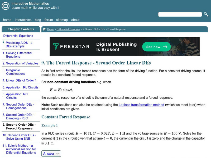 Interactive Mathematics: 2nd Order D Es (Forced Response) Activity Interactive Mathematics: 2nd Order D Es (Forced Response) Activity