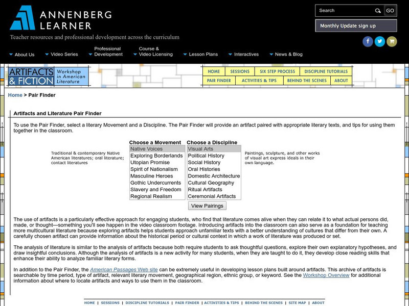 Annenberg Learner: Artifacts & Fiction Pair Finder Handout Annenberg Learner: Artifacts & Fiction Pair Finder Handout