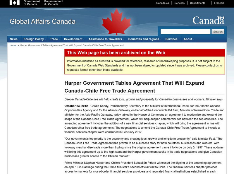 Canadian Gov: Canada Chile Free Trade Agreement Primary Canadian Gov: Canada Chile Free Trade Agreement Primary