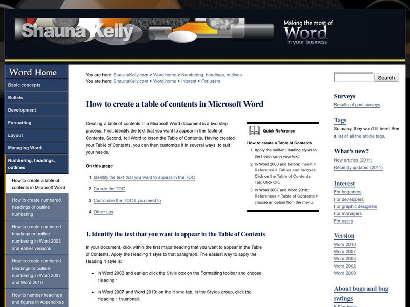 Shauna Kelly: How to Create a Table of Contents in Word Handout Shauna Kelly: How to Create a Table of Contents in Word Handout