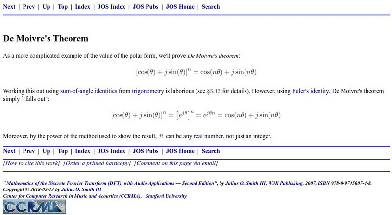 Stanford University: De Moivre's Theorem Handout Stanford University: De Moivre's Theorem Handout