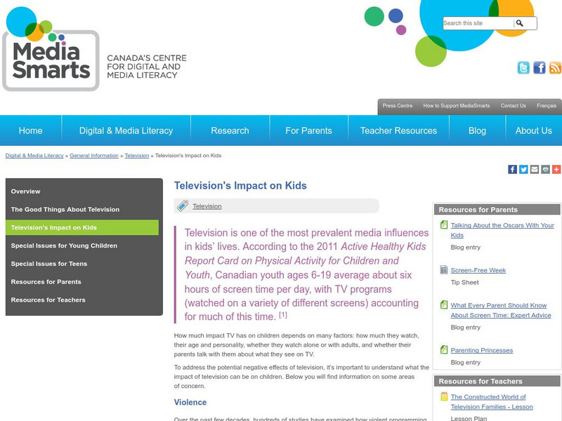 Media Awareness Network: Tv's Impact on Kids Article Media Awareness Network: Tv's Impact on Kids Article