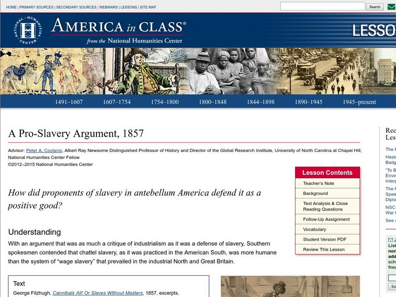 National Humanities Center: America in Class: A Pro Slavery Argument, 1857 Lesson Plan National Humanities Center: America in Class: A Pro Slavery Argument, 1857 Lesson Plan
