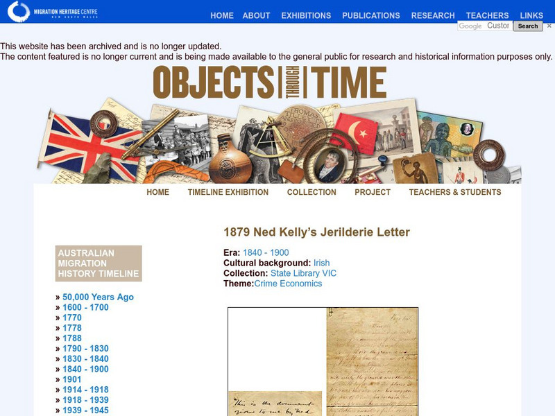 Migration Heritage Centre: Ned Kelly Letter Primary