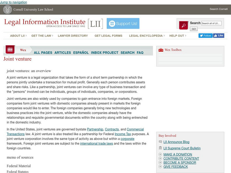 Cornell University: Law School: Legal Information Institute: Joint Ventures Handout Cornell University: Law School: Legal Information Institute: Joint Ventures Handout