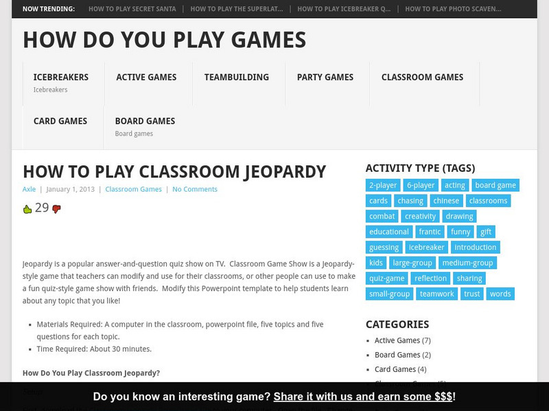 How Do You play.net: How to Play Classroom Jeopardy Activity How Do You play.net: How to Play Classroom Jeopardy Activity