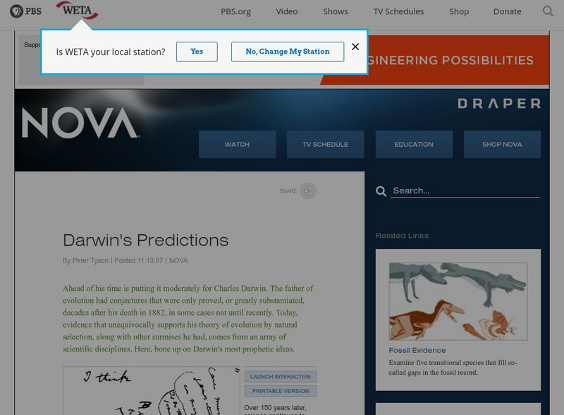 Nova: Intelligent Design on Trial: Darwin's Predictions Interactive Nova: Intelligent Design on Trial: Darwin's Predictions Interactive
