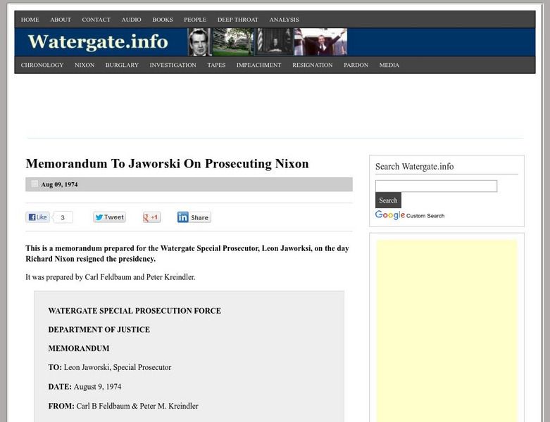 Watergate.info: Jaworski Memorandum on Prosecuting Nixon Primary