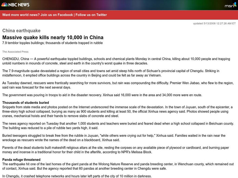 Nbc News: Massive Quake Kills Nearly 10,000 in China Article Nbc News: Massive Quake Kills Nearly 10,000 in China Article