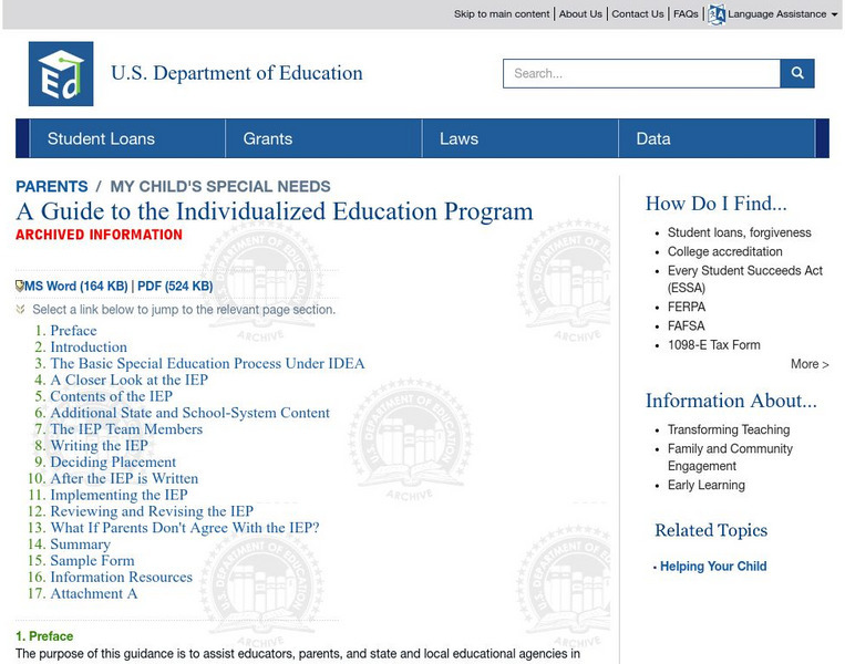 U.s. Department of Education: My Child's Special Needs: A Guide to the Iep Website U.s. Department of Education: My Child's Special Needs: A Guide to the Iep Website