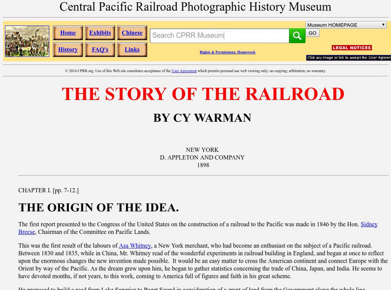 Cprr Photographic History Museum: The Origin of the Idea for a Pacific Railroad Handout Cprr Photographic History Museum: The Origin of the Idea for a Pacific Railroad Handout