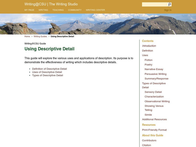 Colorado State Writing Center: Using Descriptive Detail Unit Plan Colorado State Writing Center: Using Descriptive Detail Unit Plan