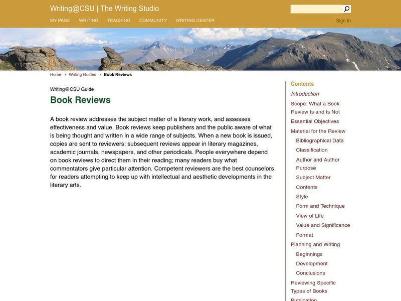 Colorado State Writing Center: Writing a Book Review Unit Plan Colorado State Writing Center: Writing a Book Review Unit Plan