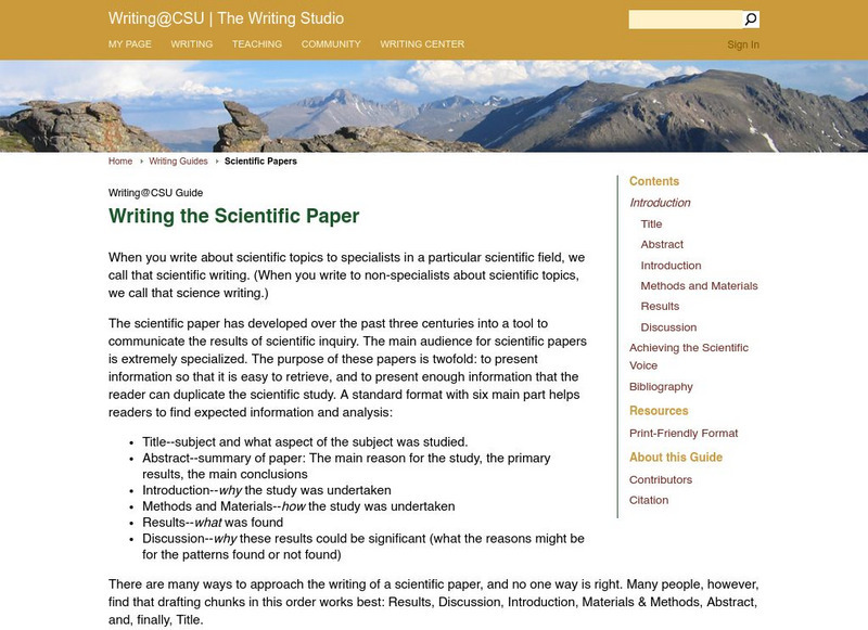 Colorado State Writing Center: Writing the Scientific Paper Handout Colorado State Writing Center: Writing the Scientific Paper Handout