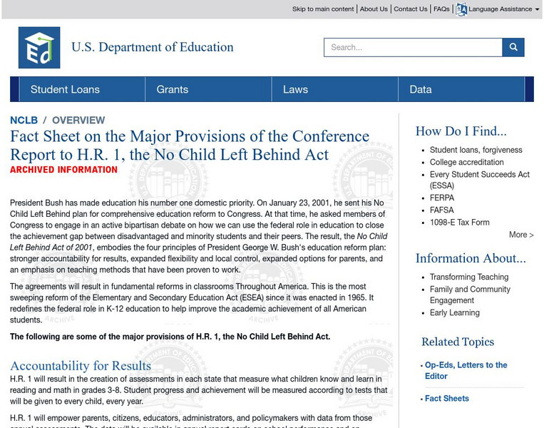 Fact Sheet: No Child Left Behind Website