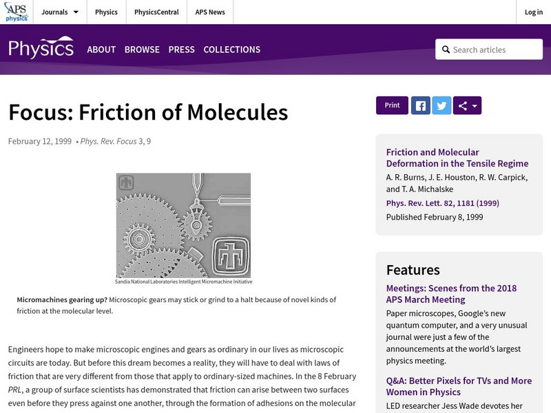 Focus Physical Review: Friction of Molecules Article Focus Physical Review: Friction of Molecules Article