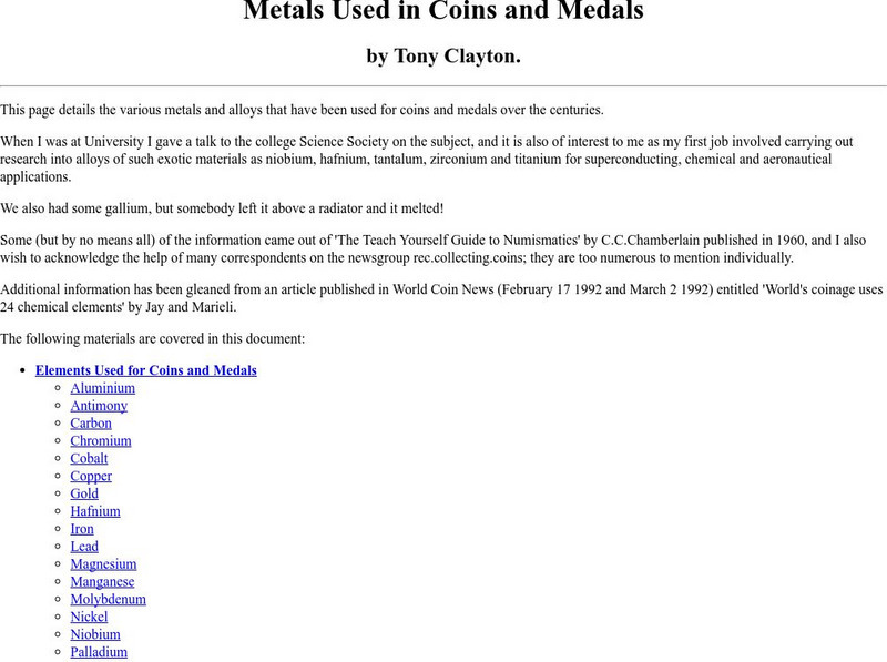 Tony's Home Page: Metals Used in Coins and Medals Website