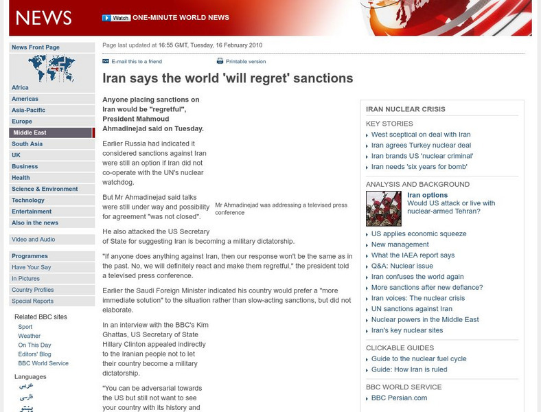 Bbc News: Iran Says the World 'Will Regret' Sanctions Article Bbc News: Iran Says the World 'Will Regret' Sanctions Article