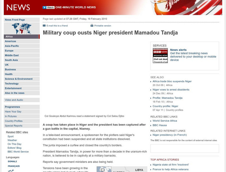 Bbc: Military Coup Ousts Niger President Mamadou Tandja Website