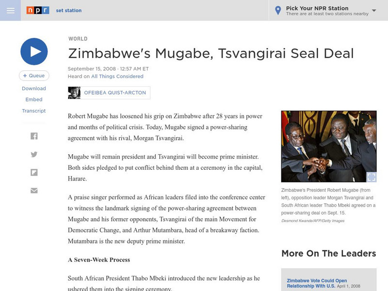Npr: Zimbabwe's Mugabe, Tsvangirai Seal Deal Audio Npr: Zimbabwe's Mugabe, Tsvangirai Seal Deal Audio