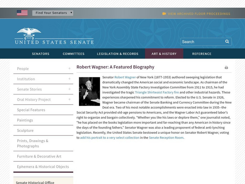 U.s. Senate: Robert Wagner: A Featured Biography Handout U.s. Senate: Robert Wagner: A Featured Biography Handout