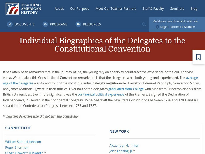 Teaching American History: Constitutional Convention: Delegates: Biographies Handout Teaching American History: Constitutional Convention: Delegates: Biographies Handout