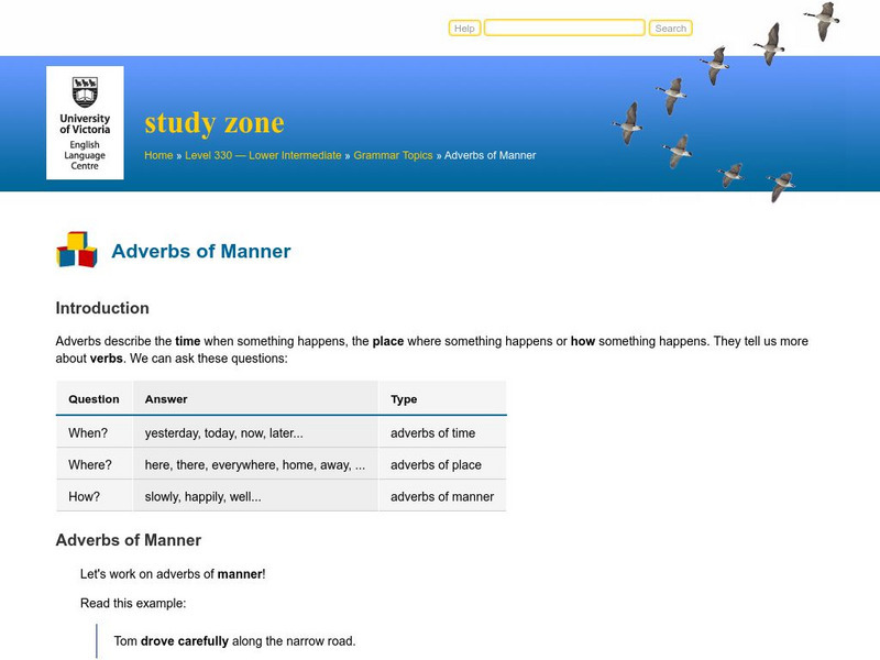 University of Victoria: Elc Study Zone: Adverbs of Manner Handout University of Victoria: Elc Study Zone: Adverbs of Manner Handout