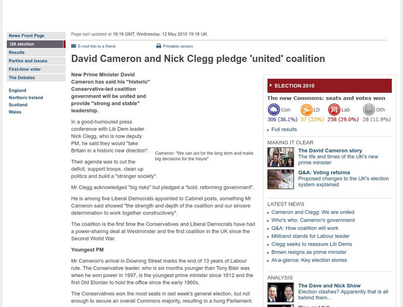 Bbc: Cameron and Clegg Pledge 'United' Coalition Handout Bbc: Cameron and Clegg Pledge 'United' Coalition Handout