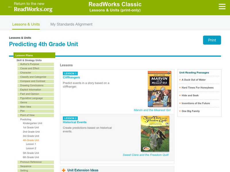 Read Works: Predicting 4th Grade Unit Lesson Plan Read Works: Predicting 4th Grade Unit Lesson Plan