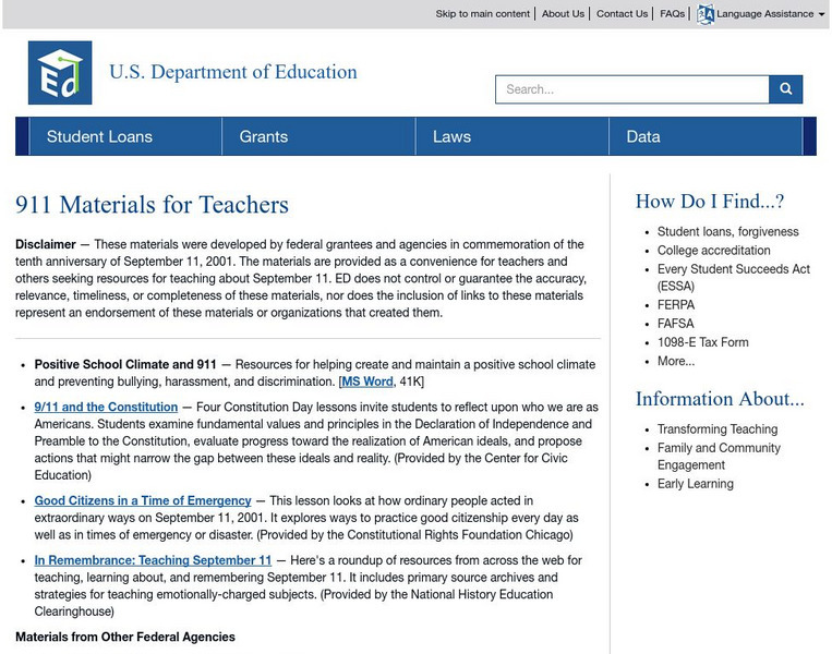 U.s. Department of Education: 911 Materials for Teachers Primary U.s. Department of Education: 911 Materials for Teachers Primary