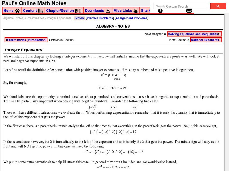 Paul's Online Notes: Lamar University: Paul's Online Math Notes: Algebra: Integer Exponents Activity Paul's Online Notes: Lamar University: Paul's Online Math Notes: Algebra: Integer Exponents Activity