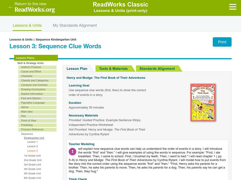Read Works: Sequence Kindergarten Unit: Sequence Clue Words Lesson Plan Read Works: Sequence Kindergarten Unit: Sequence Clue Words Lesson Plan